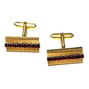 Vintage Mid Century Textured Gold Cufflinks rectangles with red rhinestones